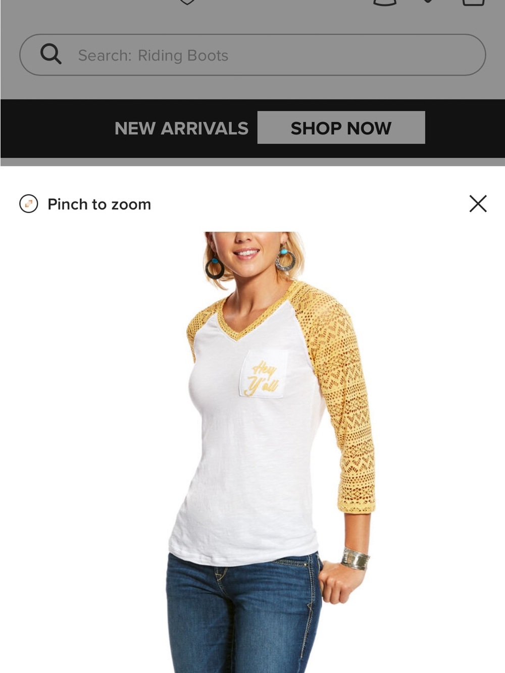Ariat White Tee with Yellow Crochet Raglan Sleeves